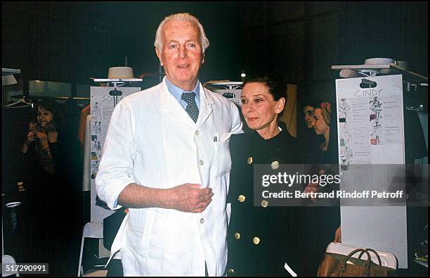 The fashion designer Hubert De Givenchy and Audrey Hepburn - Backstage - Haute Couture fashion show spring summer 1992 collection in Paris.