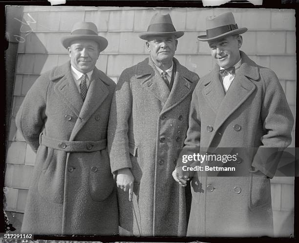 From left are Knute Rockne, coach of Notre Dame University, Glenn "Pop" Warner, coach of Stanford University, and Tad Jones, coach of Yale University.