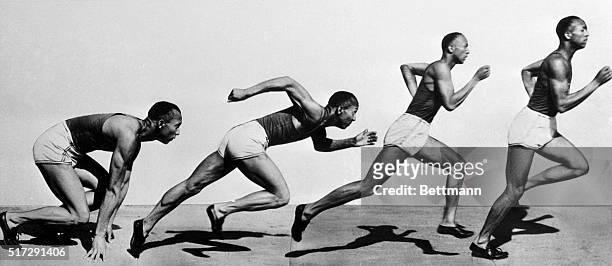 Jesse Owens is shown in a composite shot of the process of starting a dash or sprint. He is shown from the "Get Set" point to the almost-full stride...