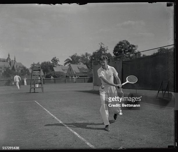 Donald Budge, of California, pictured in action during his quarter-finals match with "Bitsy" Grant of Atlanta, Georgia, in the men's national Tennis...