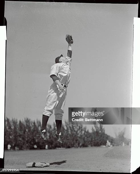 Robert Rolfe, third baseman in 1937, is shown in action as he worked out with the New York Yankees baseball team in soring training camp.