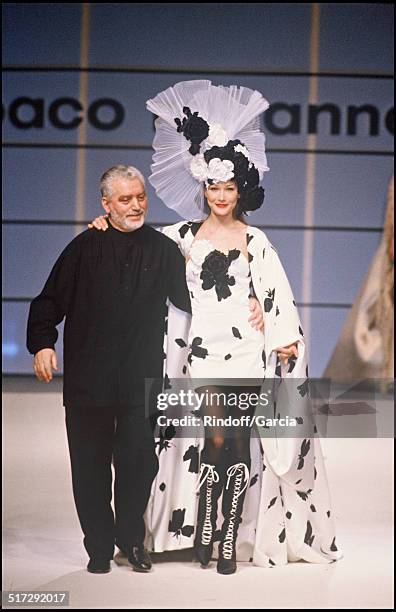 The fashion designer Paco Rabanne and Carla Bruni, Defile Paco Rabanne, Haute Couture fashion show spring summer 1994 in Paris.