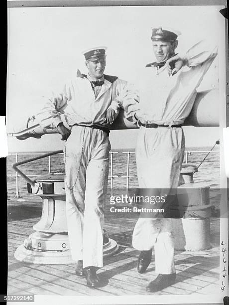 Royal Princes of Denmark Afloat. London: Photo shows Crown Prince Frederik of Denmark and his brother Prince Knud as they appeared aboard the Danish...