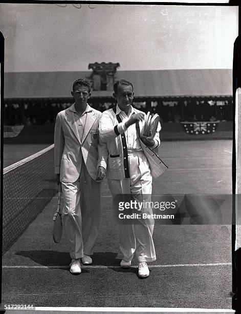 Donald Budge and Jack Crawford arriving at the court for the start of their opening match of the Davis Cup play at Forest Hills. Budge beat the...