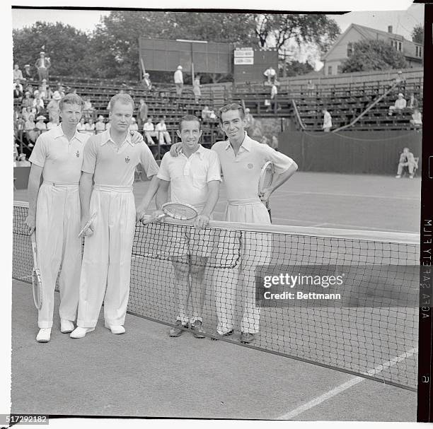 Donald Budge, Gene Mako, Elwood Cooke, and Wayne Sabin pictured at the Longwood Cricket Club, where Budge and Mako defeated Cooke and Sabin, 4-6,...