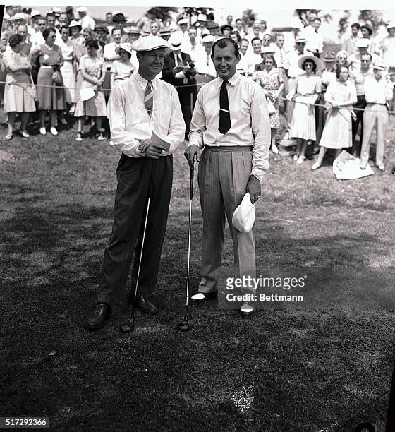 Byron Nelson, of Reading, Pennsylvania , and Ed Dudley, of Philadelphia , shown just before teeing off in their opening round of the National Open...