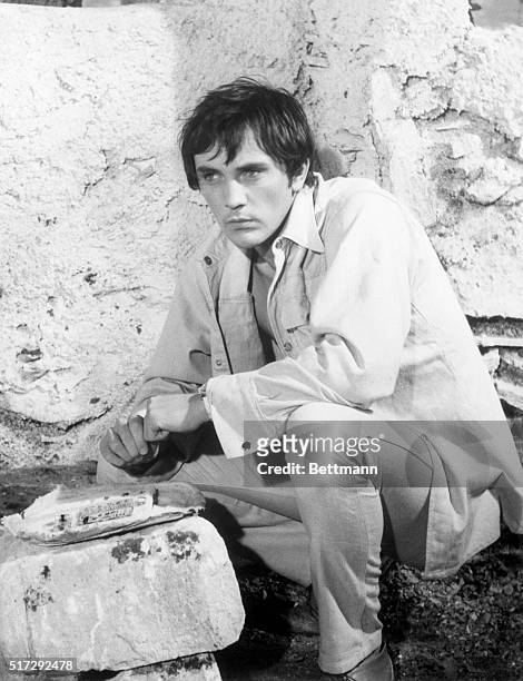 Close-up of actor Terence Stamp, as he appears in the movie: "Modesty Blaise." March 1966. Movie still.