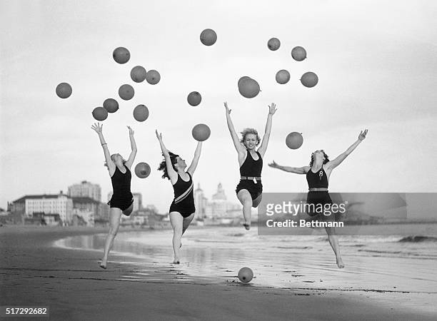 Long Beach, CA: Balloon dancers, trained by Miss Ethel Hunt, find the hard sand an ideal place to practice to the music of the ocean breakers at Long...
