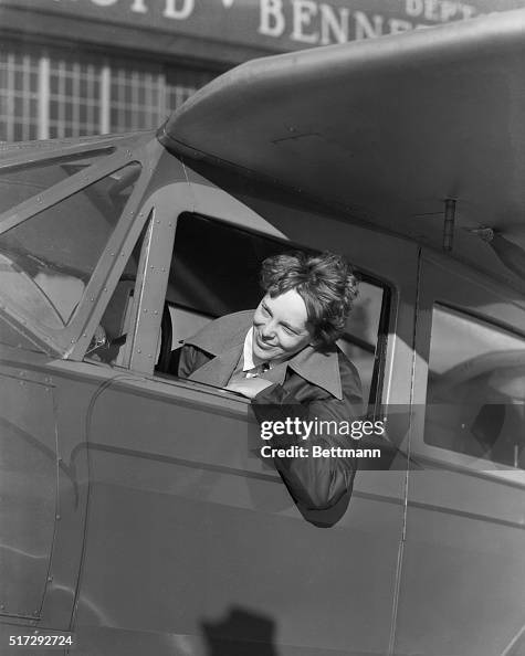 Amelia Earhart In Plane Cockpit Amelia Earhart In Plane Cockpit