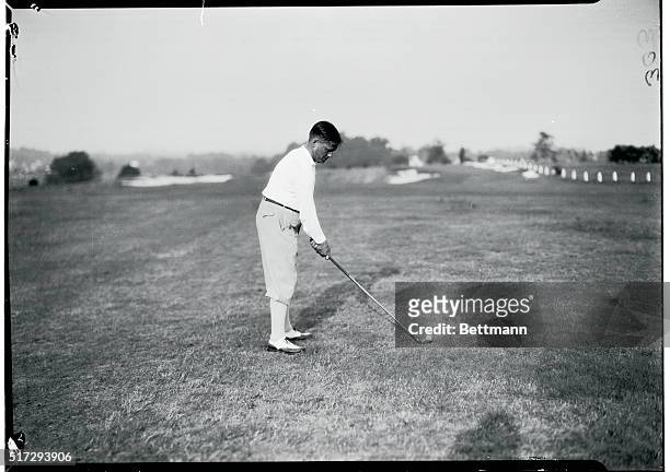 Ardmore, Pennsylvania: Bobby Jones preparing his shot during round of play in the National Amateur Golf Championship tourney at Merion Cricket Club.