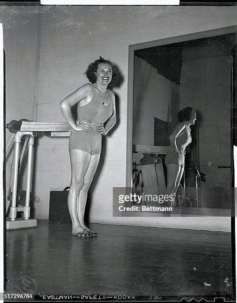Although Eleanor Holm Jarrett never exercises in the prescribed manner, she has devised a routine for the girls of the "Aquabelle" Troupe that she...