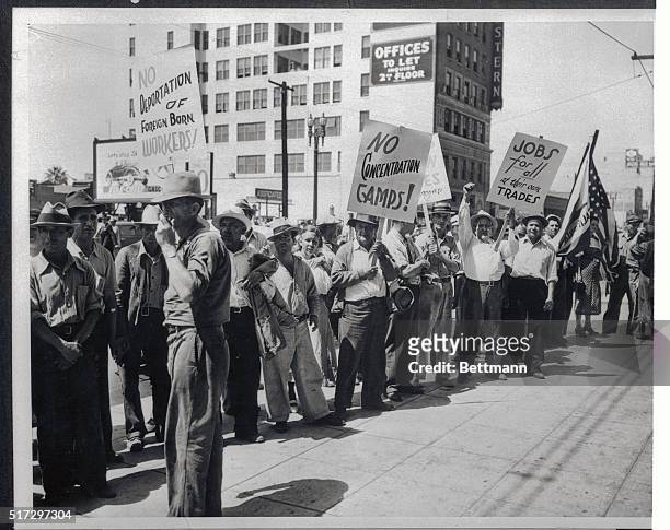 Some of the workers belonging to the WPA plus a contingent of unemployed, are shown as they joined the Worker's Alliance Parade on the Los Angeles,...