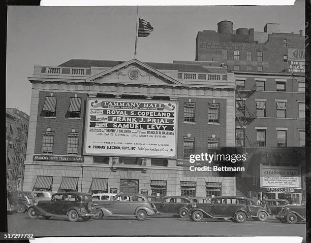 The banners erected over the wigwam, main headquarters of Tammany Hall in New York,, August 6th, campaigning for the Regular democratic nominations"....