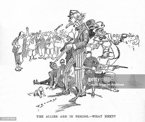 An editorial cartoon depicts an armed Uncle Sam, the personification of the United States, standing with other personifications of different European...