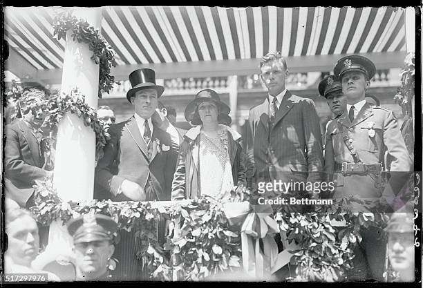 Left to right Mayor James J. Walker Mrs. Evangeline Lindbergh Colonel Charles A. Lindbergh and Alfred Smith Jr. At City Hall on the arrival of...