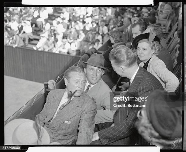 Edmund Lowe, and Bing Crosby , and Donald Budge, world's number one net star, and Rubye De Remer, screen star of the silent era , pictured as they...