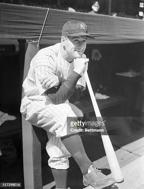 Yankee Player Lou Gehrig in Dugout with Sore Finger