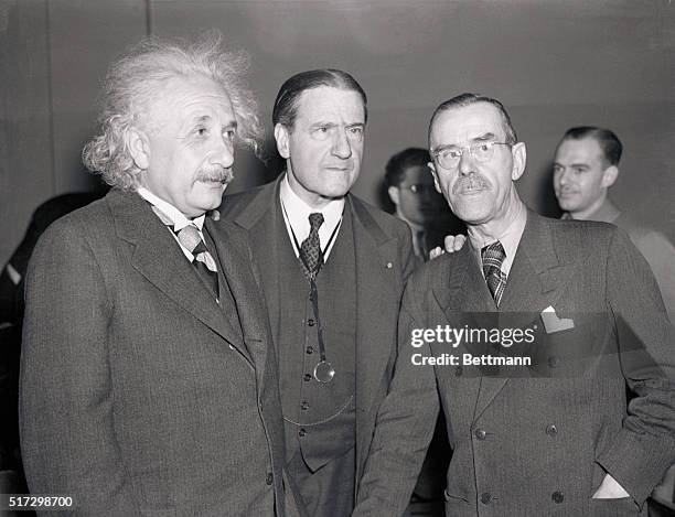Professor Albert Einstein, Rabbi Stephen Wise, and Thomas Mann, noted author and exile from Nazi Germany, are pictured as they attended the preview...