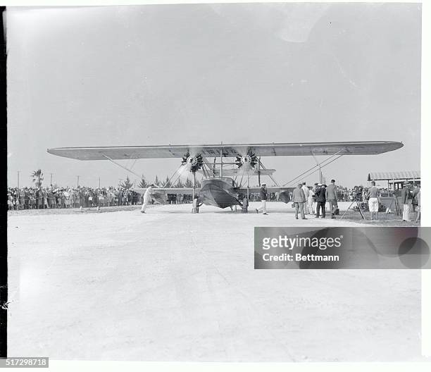 The huge Sikorsky plane, used by Colonel Charles A. Lindbergh this morning when he hopped from the Pan America Field here for Havana, the first lap...