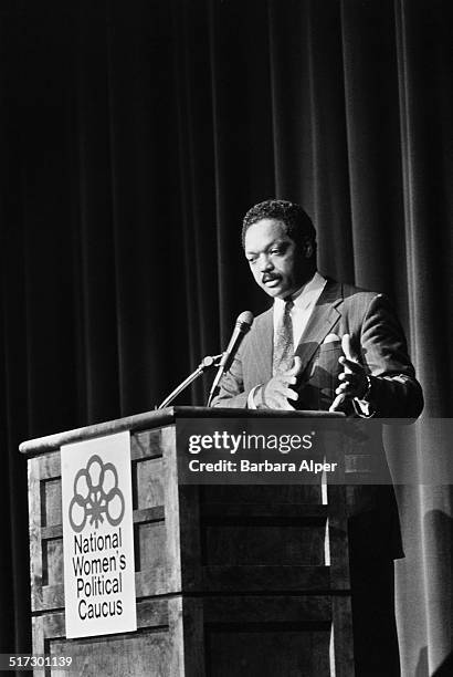American politician, civil rights activist, and Baptist minister, Jesse Jackson, speaking at the National Women's Political Caucus, Portland, Oregon,...