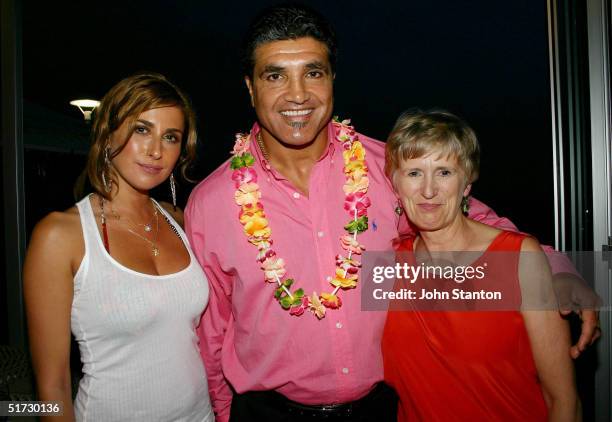 Jodie Packer, Rugby League commentator Mario Fenech and Liz Mullinar attend the "Hawaii Five-O Party" charity event at the Manly Wharf Hotel November...