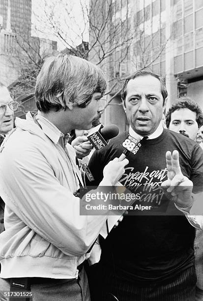 American politician and member of the Democratic Party, Mario Cuomo talking to journalists at a march for Soviet Jewry, New York City, USA, 5th June...