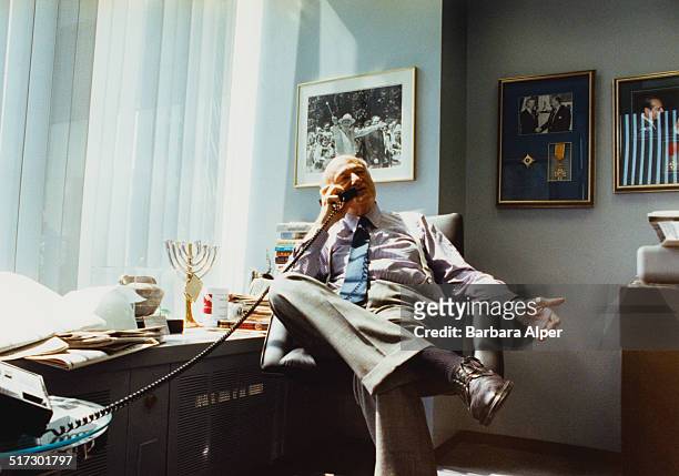 American lawyer, politician, political commentator, and past mayor of New York City, Ed Koch in his law office in New York City, USA, June 1991.