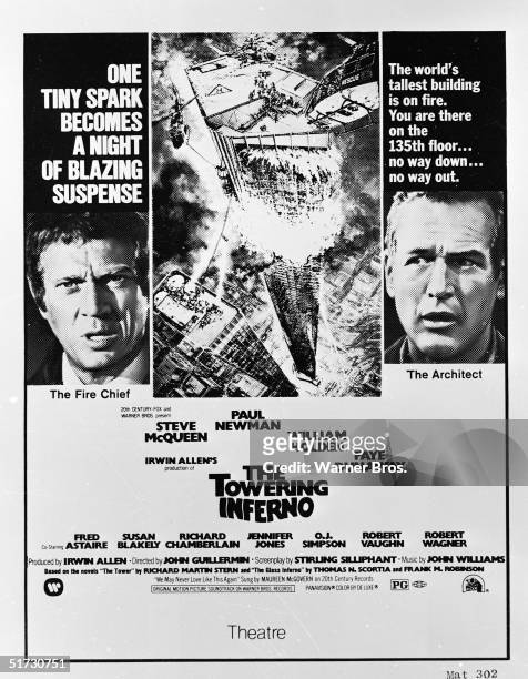 Close-up stills of American actors Steve McQueen and Paul Newman flank an illustration of a flaming skyscraper on a movie poster for the film 'The...