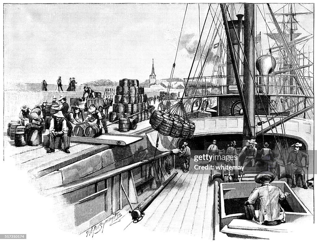 Sailing ship loading or unloading cargo in port