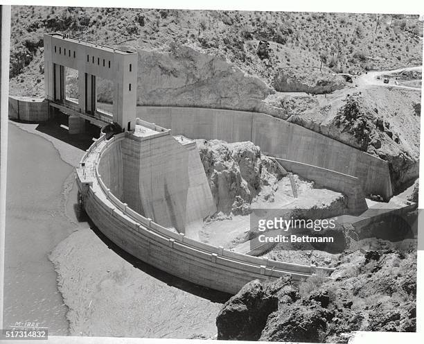 The newly completed spillway of the Mormon Flat Dam, one of the series of four on the Salt River in Arizona which store and regulate water for the...