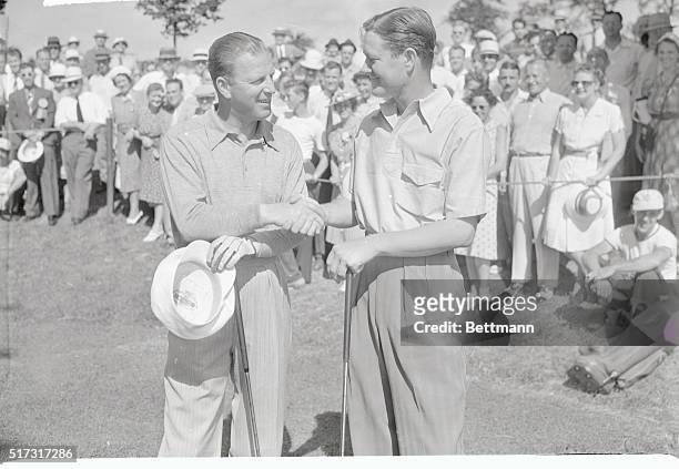 Craig Wood and Byron Nelson shaking hands as they engaged in the 18-hole play-off for the National Open Golf Championship at the Philadelphia Country...