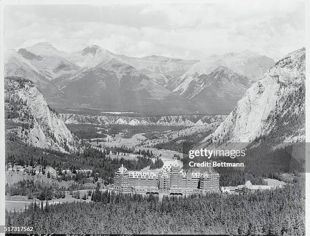 Banff, Canada: Panorama of Banff Springs Hotel and Bow River Valley.