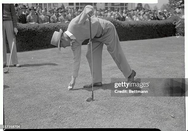 Ben Hogan, the leader after the first three rounds of $5,000 Goodall Round Robin Golf Tournament being played at the Fresh Meadow Country Club, tees...