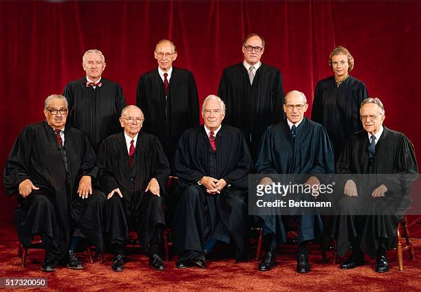 The Supreme Court released this official photograph of the high Court. The Justices are Thurgood Marshall; William J. Brennan Jr.; Chief Justice...