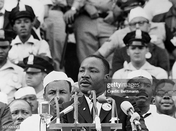 American Religious and Civil Rights leader Dr Martin Luther King Jr gives his "I Have a Dream" speech to a crowd before the Lincoln Memorial during...