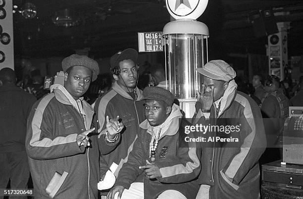 Jarobi White, Q-Tip, Phife Dawg and Ali Shaheed Muhammad of the hip hop group 'A Tribe Called Quest' pose for a portrait session on April 4, 1990 in...