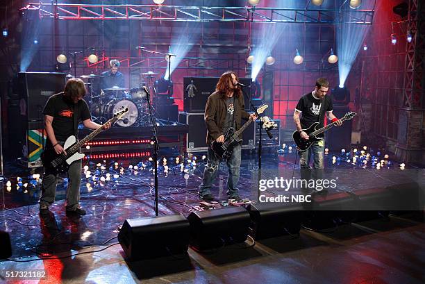 Episode 3076 -- Pictured: Musicians Troy McLawhorn, John Humphrey, Shaun Morgan and Patrick Callahan of musical guest Seether perform on January 13,...