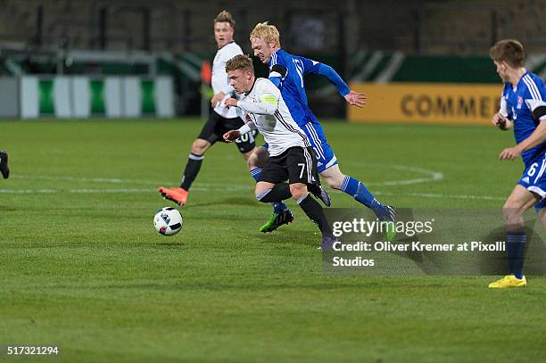 Midfielder Max Meyer of Germany playing the ball at Frankfurter Volksbank-Stadion during the international football match between Germany U21 v Faroe...