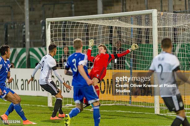 Goal Keeper Elias Rasmussen of Faroe Islands falling backwards at Frankfurter Volksbank-Stadion during the international football match between...