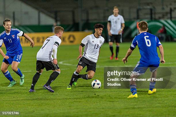 Midfielder Max Meyer of Germany and Midfielder Mahmoud Dahoud of Germany double pass the ball at Frankfurter Volksbank-Stadion during the...