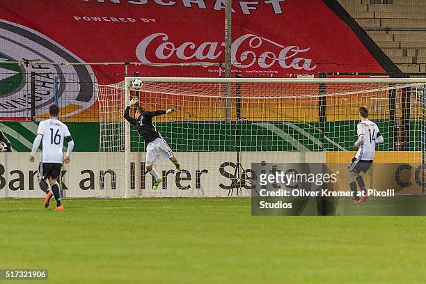 Goalpost shot from Faroe player at Frankfurter Volksbank-Stadion during the international football match between Germany U21 v Faroe Islands U21 -...