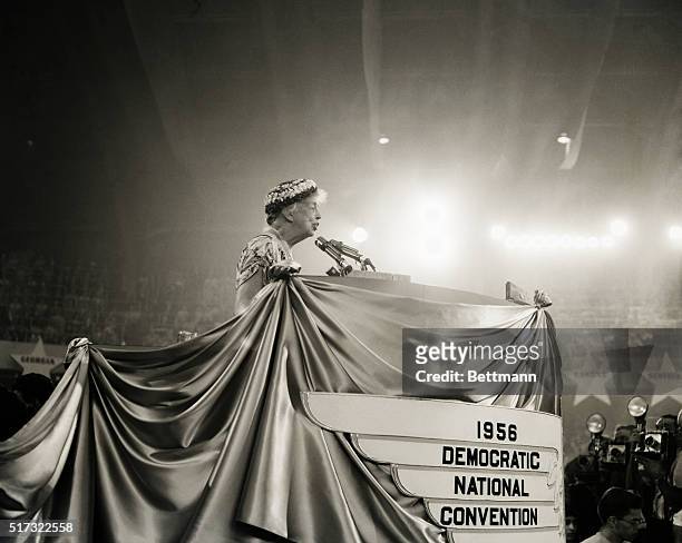 Eleanor Roosevelt, widow of the late President Franklin D. Roosevelt, is shown as she addresses delegates to the 1956 Democratic National Convention....