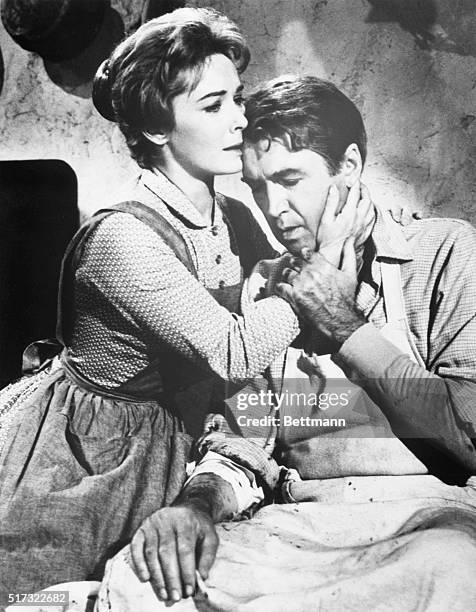 Production still of James Stewart and Vera Miles in "The Man Who Shot Liberty Valance", a 1962 Western directed by John Ford. The actors play the...