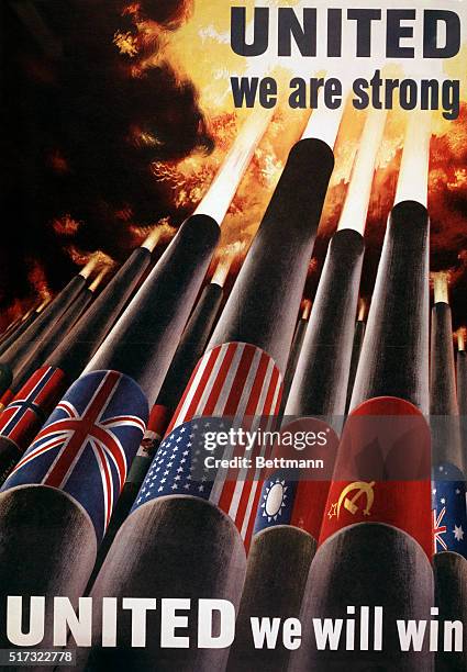 The flags of the Allies of World War II encircle cannons firing against Axis powers in an inspirational poster that declares, "United we are strong,...