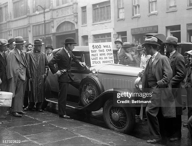 Wall Street speculator tries to sell his car after losing all of his money in the stock market crash.