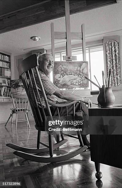 Walter Lantz has a large studio in his new home. While painting, he likes to use a rocking chair. Lantz says that the rocker makes it easy for a...