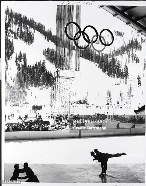 Pair skaters practice on the open-air rink at the Squaw Valley Olympic Village for the 1960 winter games.