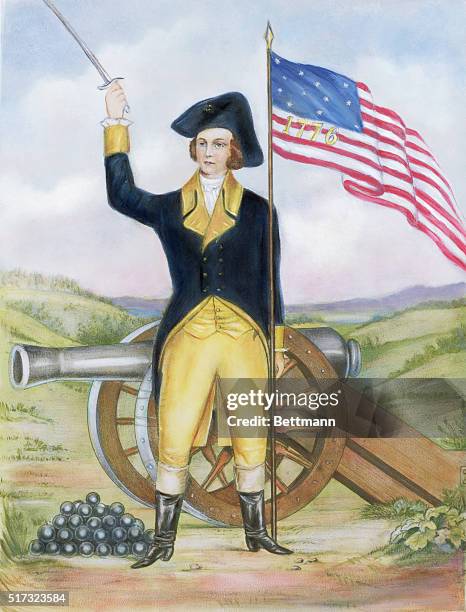 Currier and Ives lithograph features an American revolutionary officer or soldier holding up his sword and an American flag marked "1776" as he mans...