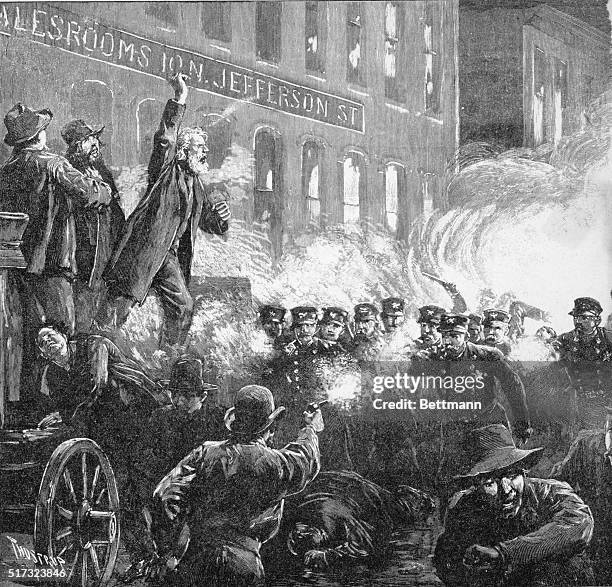 The Anarchist Riot in Chicago. A dynamite bomb exploding among the police. Wood engraving, 1886. Drawn by T. De Thulstrup after H. Jeanneret