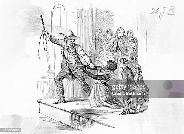 Slave woman being dragged away by slave dealer. Abolitionist inspired propaganda picture showing the cruelty and inhumanity of the slave trade....